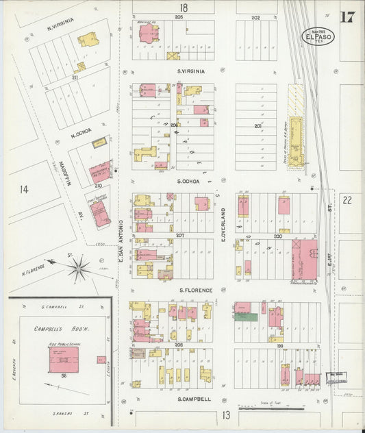Sanborn Fire Insurance Map from El Paso, El Paso County, Texas (1902), Sheet #0017 - Historic Sanborn Fire Insurance Map Print, vintage old map wall art, antique decor, genealogy gift, Texas Texas map