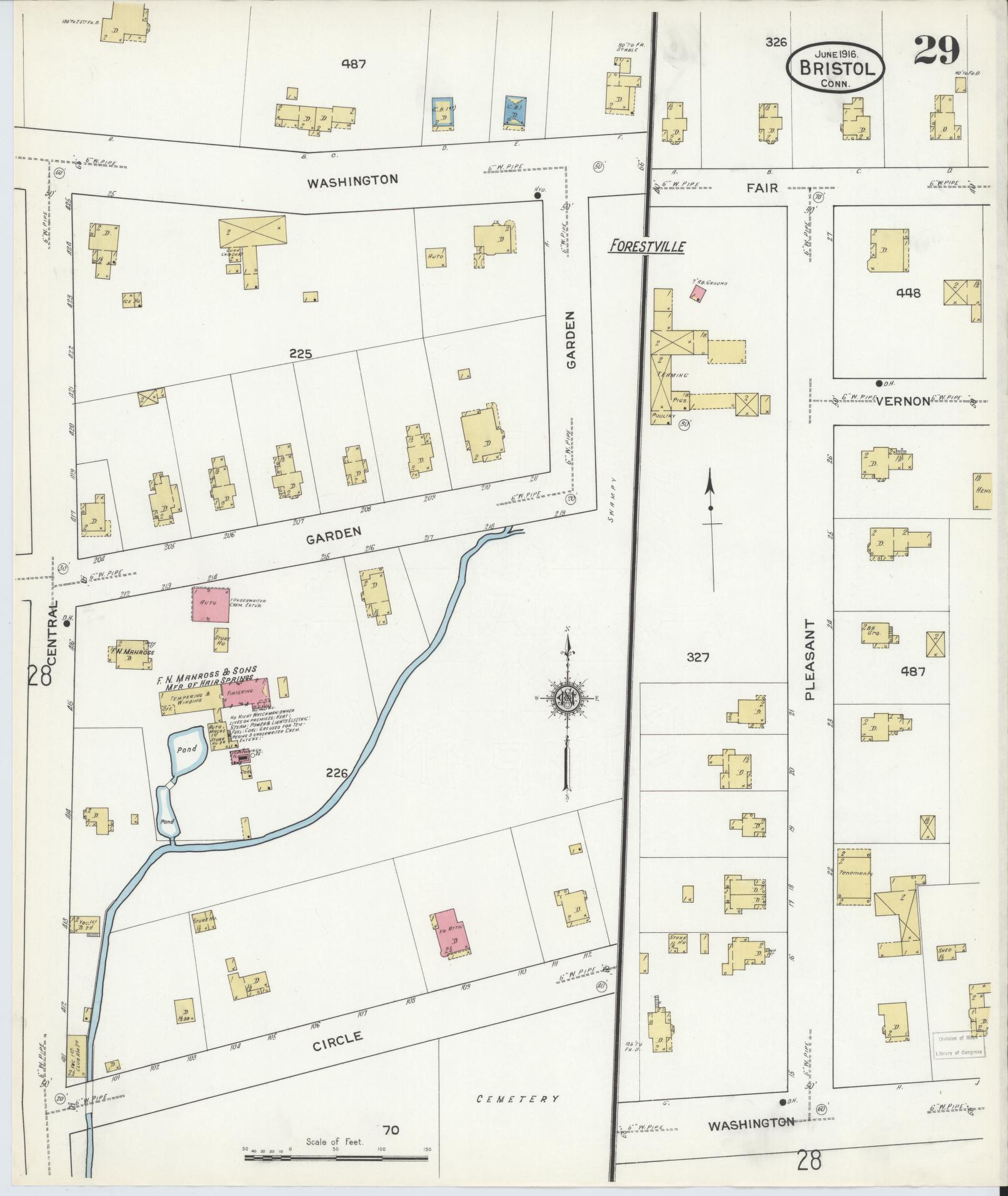 Sanborn Fire Insurance Map from Bristol, Hartford County, Connecticut (1916), Sheet #0029 - Complete Map Set gallery image, historic Sanborn map, vintage wall art, Connecticut Connecticut