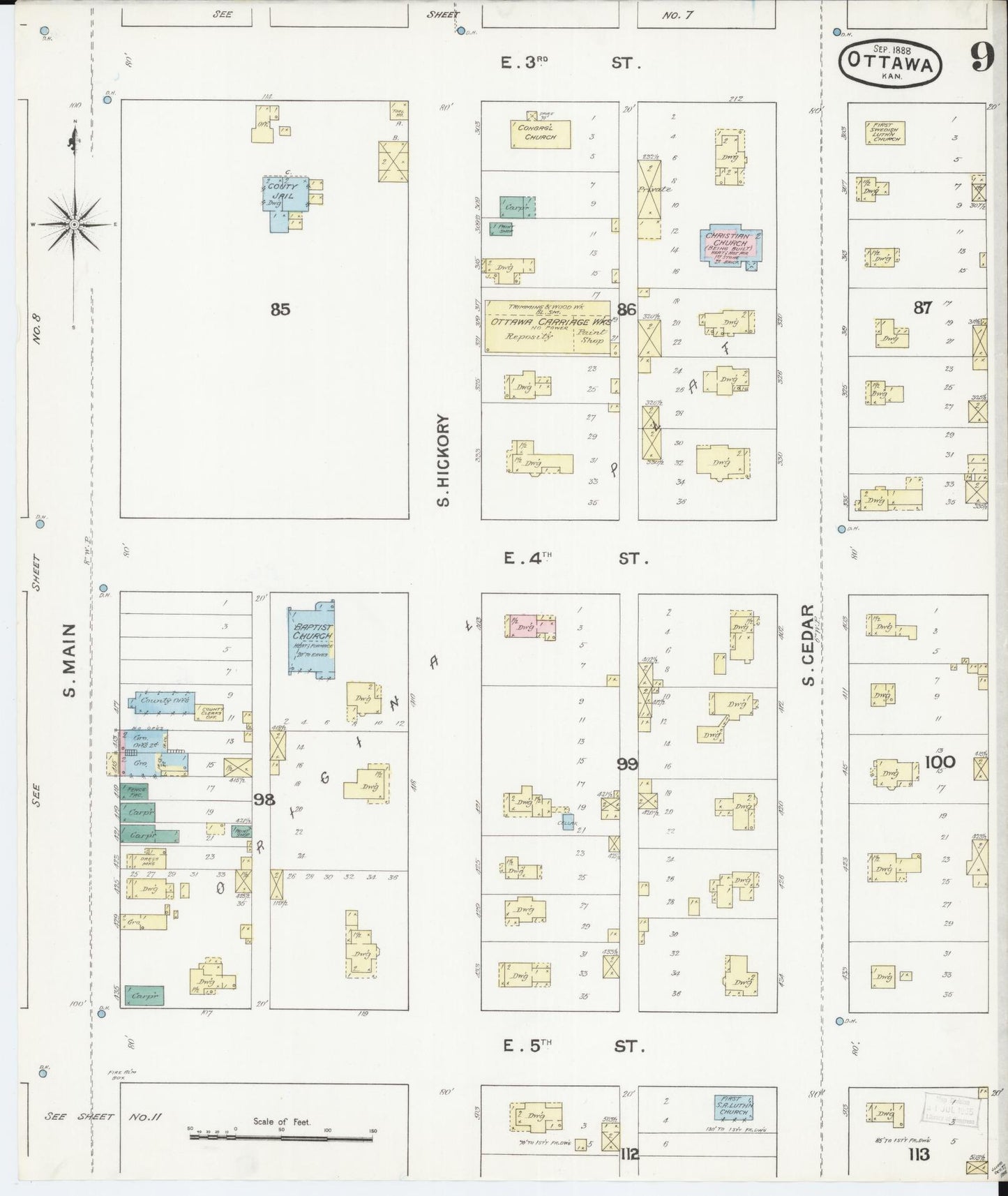Sanborn Fire Insurance Map from Ottawa, Franklin County, Kansas (1888), Sheet #0009 - Complete Map Set gallery image, historic Sanborn map, vintage wall art, Kansas Kansas