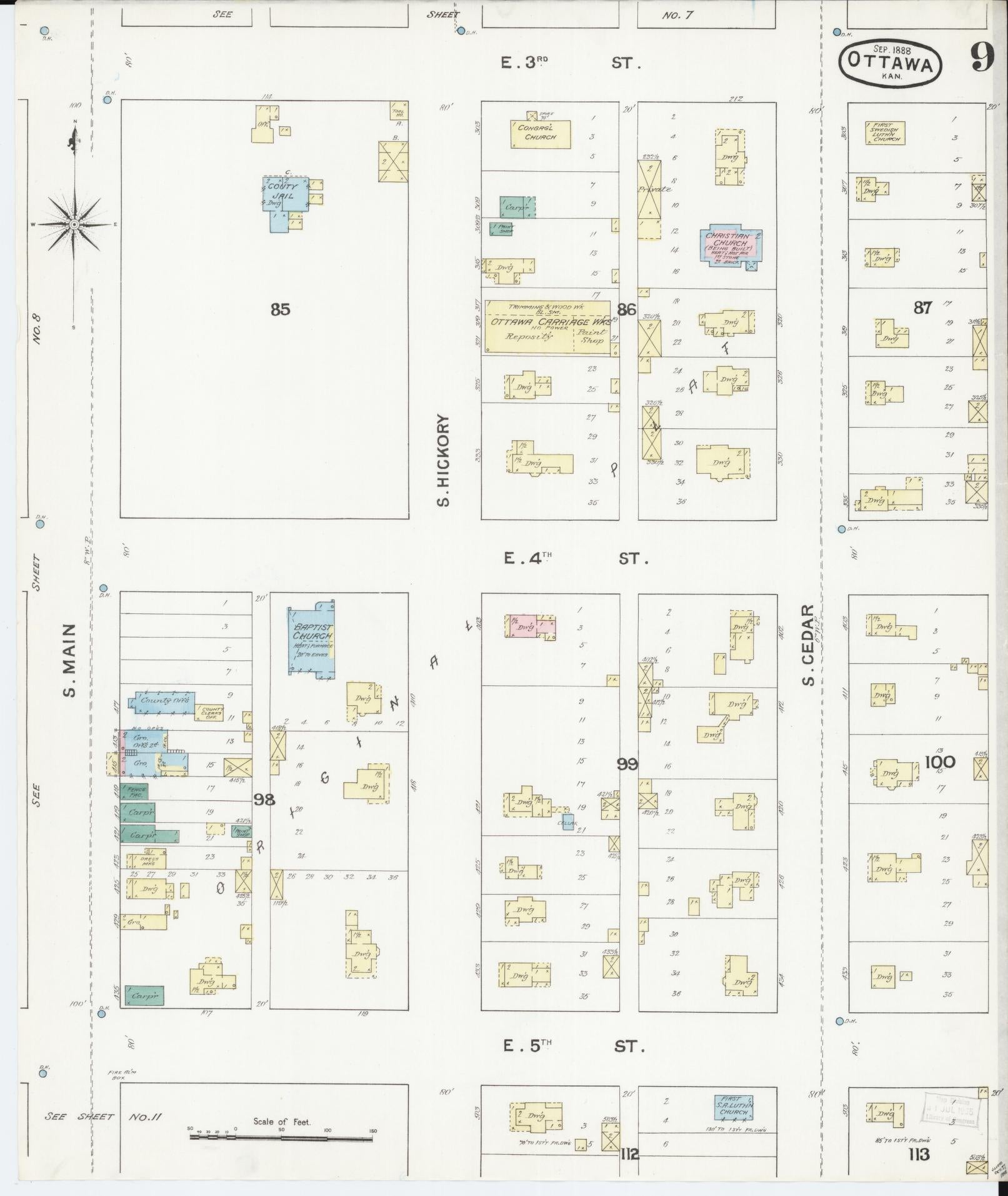 Sanborn Fire Insurance Map from Ottawa, Franklin County, Kansas (1888), Sheet #0009 - Complete Map Set gallery image, historic Sanborn map, vintage wall art, Kansas Kansas