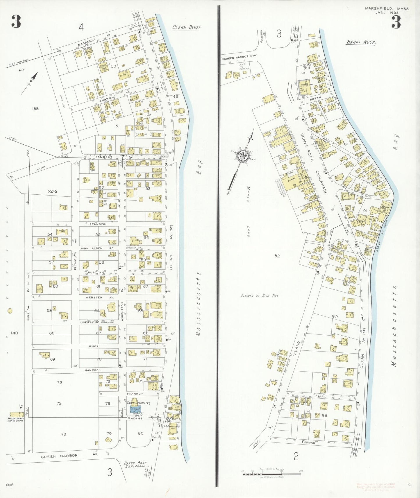 Sanborn Fire Insurance Map from Marshfield, Plymouth County, Massachusetts (1933), Sheet #0003 - Complete Map Set gallery image, historic Sanborn map, vintage wall art, Massachusetts Massachusetts