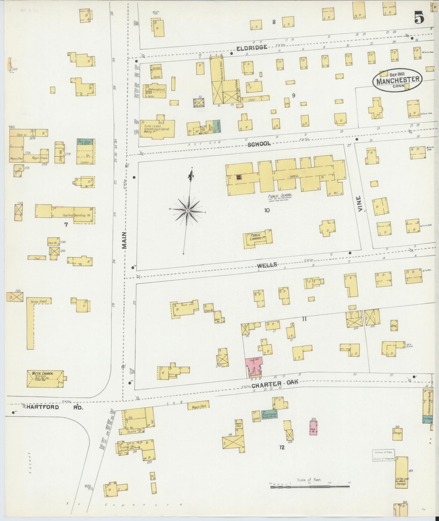 Sanborn Fire Insurance Map from Manchester, Hartford County, Connecticut (1901), Sheet #0005 - Complete Map Set gallery image, historic Sanborn map, vintage wall art, Connecticut Connecticut