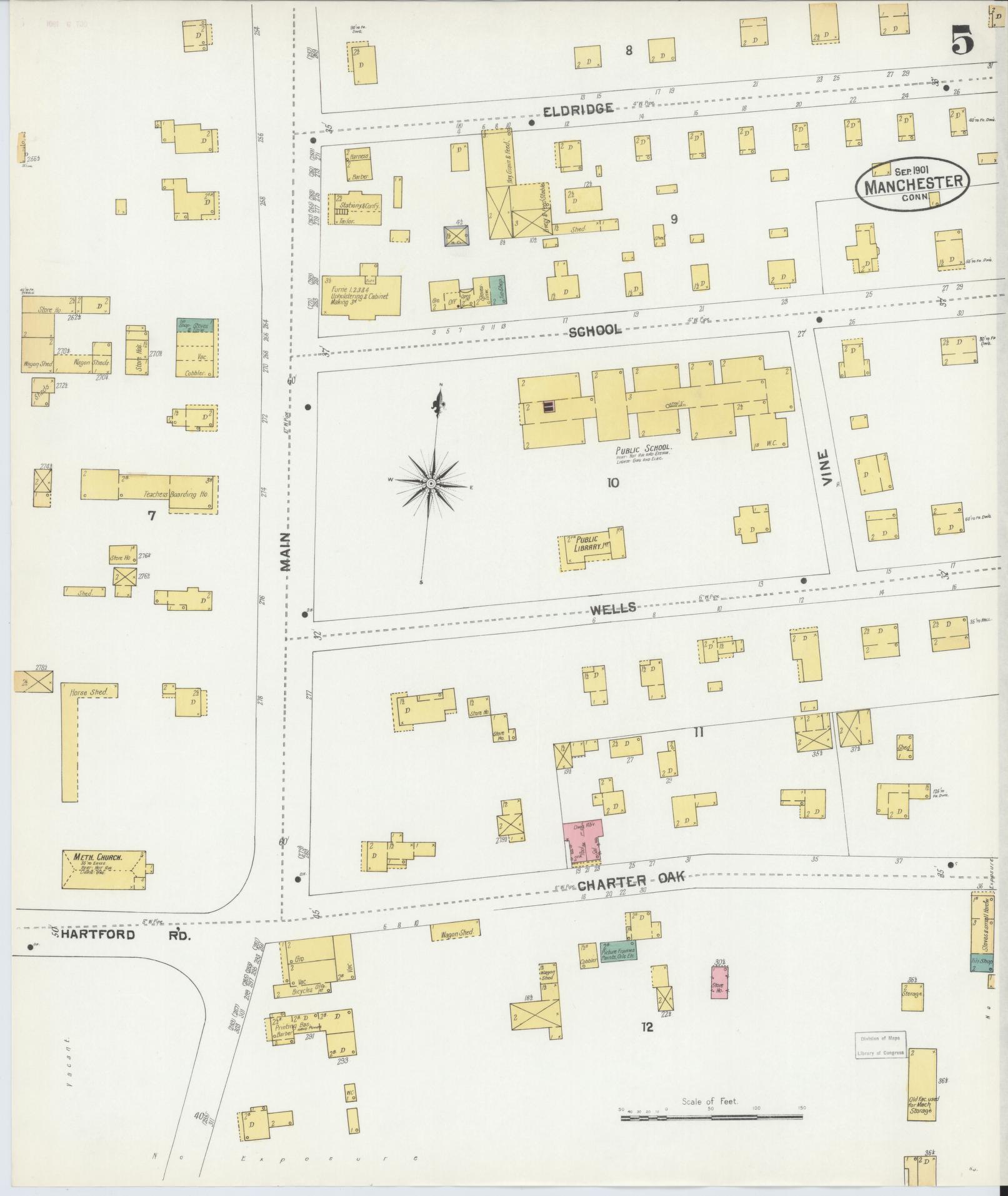 Sanborn Fire Insurance Map from Manchester, Hartford County, Connecticut (1901), Sheet #0005 - Complete Map Set gallery image, historic Sanborn map, vintage wall art, Connecticut Connecticut