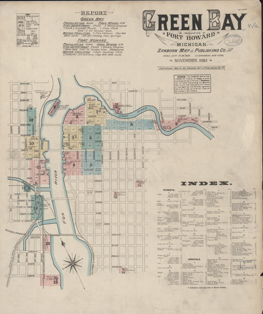 Sanborn Fire Insurance Map from Green Bay, Brown County, Wisconsin (1883), Sheet #0001 - Historic Sanborn Fire Insurance Map Print, vintage old map wall art, antique decor, genealogy gift, Wisconsin Wisconsin map