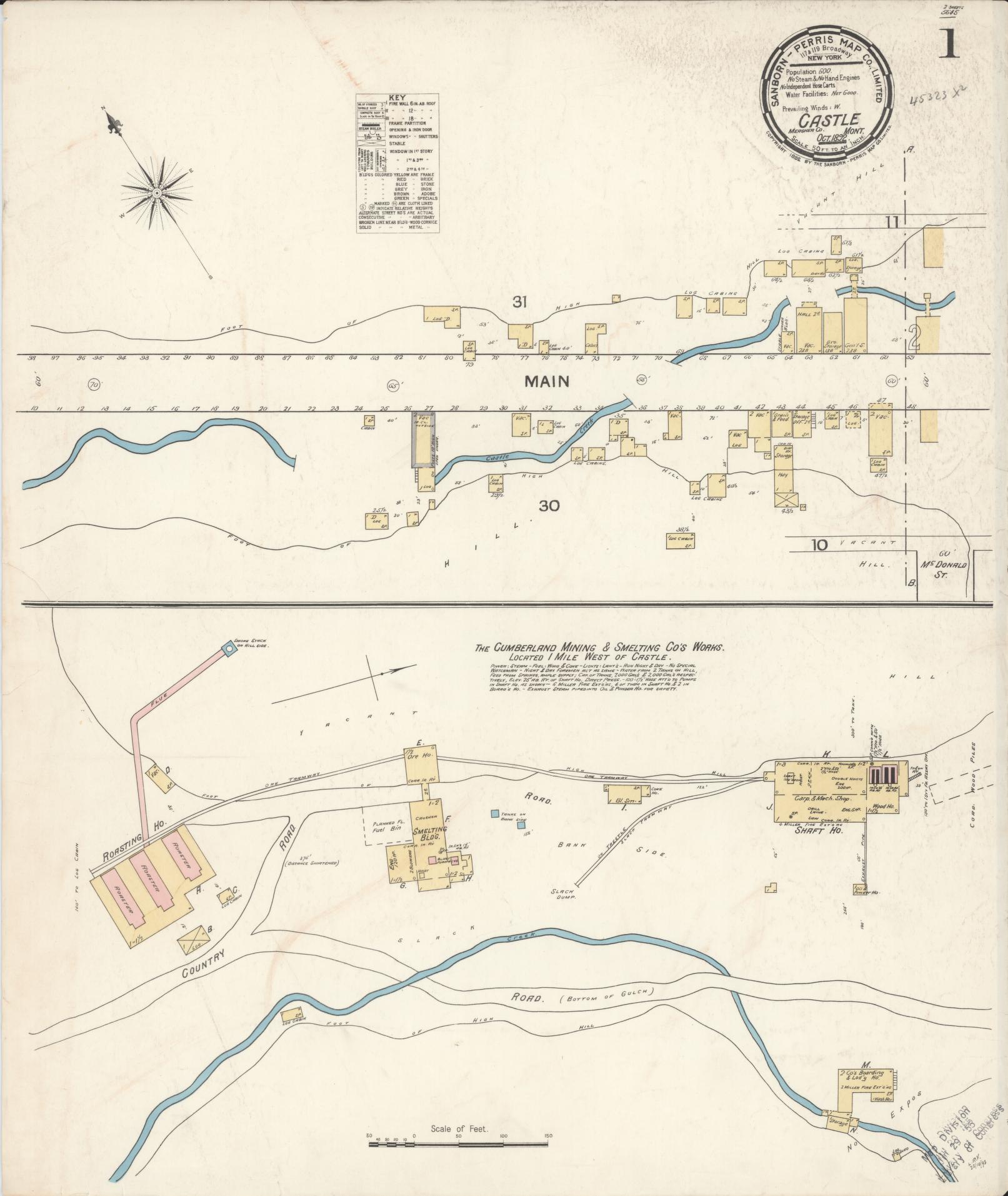 Sanborn Fire Insurance Map from Castle, Meagher County, Montana (1892), Sheet #0001 - Historic Sanborn Fire Insurance Map Print, vintage old map wall art, antique decor, genealogy gift, Montana Montana map