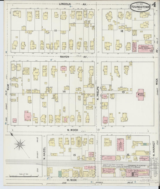 Sanborn Fire Insurance Map from Youngstown, Mahoning County, Ohio (1889), Sheet #0004 - Historic Sanborn Fire Insurance Map Print, vintage old map wall art, antique decor, genealogy gift, Ohio Ohio map