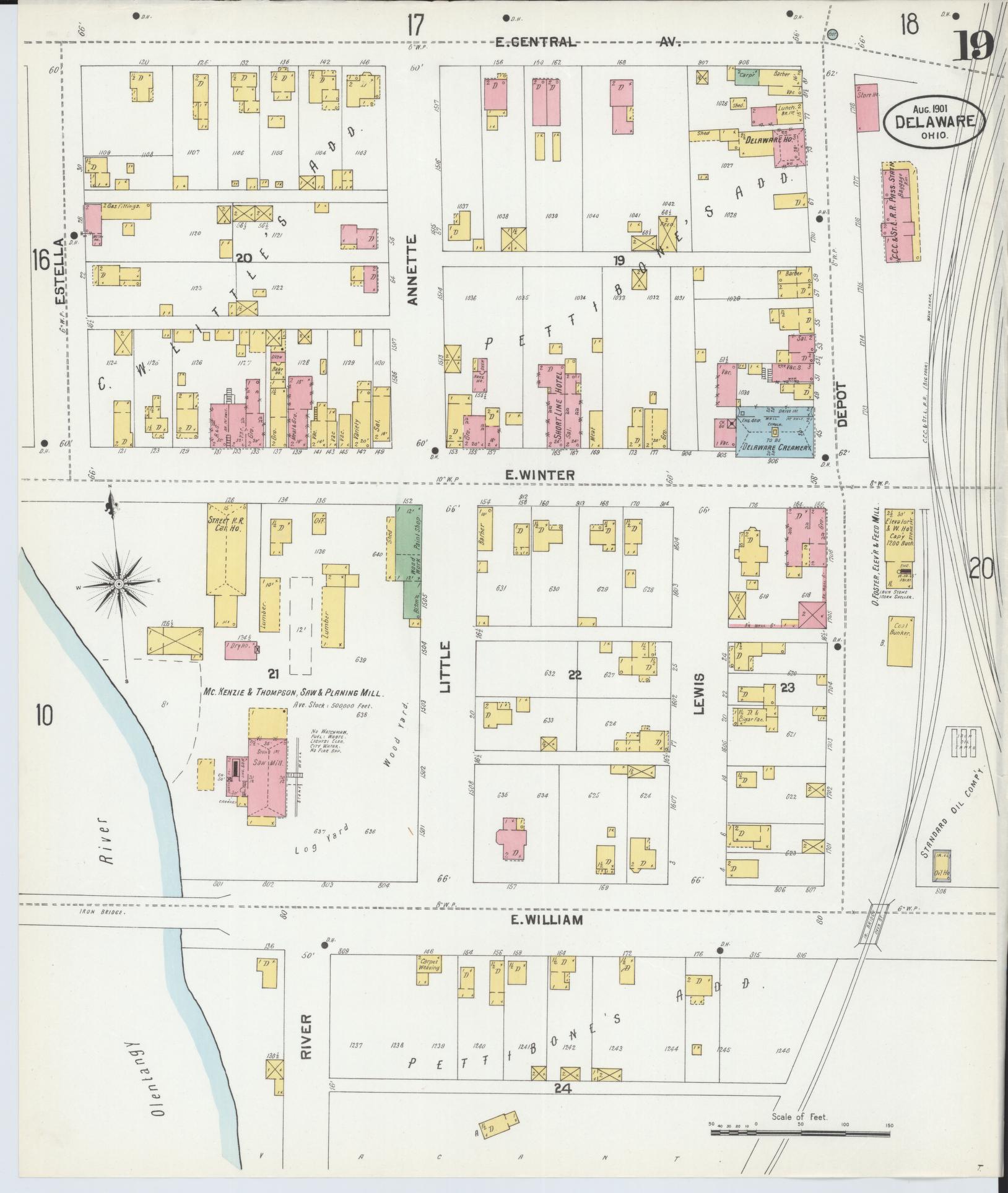 Sanborn Fire Insurance Map from Delaware, Delaware County, Ohio (1901), Sheet #0019 - Historic Sanborn Fire Insurance Map Print, vintage old map wall art, antique decor, genealogy gift, Sanborn Fire Insurance Map from Delaware Delaware map