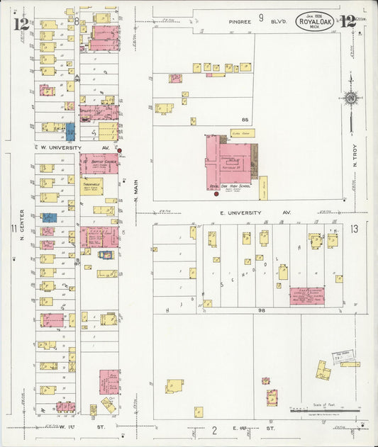 Sanborn Fire Insurance Map from Royal Oak, Oakland County, Michigan (1926), Sheet #0012 - Historic Sanborn Fire Insurance Map Print, vintage old map wall art, antique decor, genealogy gift, Michigan Michigan map