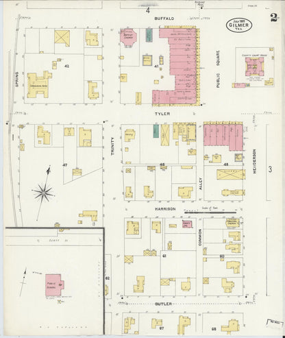 Sanborn Fire Insurance Map from Gilmer, Upshur County, Texas (1907), Sheet #0002 - Historic Sanborn Fire Insurance Map Print, vintage old map wall art, antique decor, genealogy gift, Texas Texas map