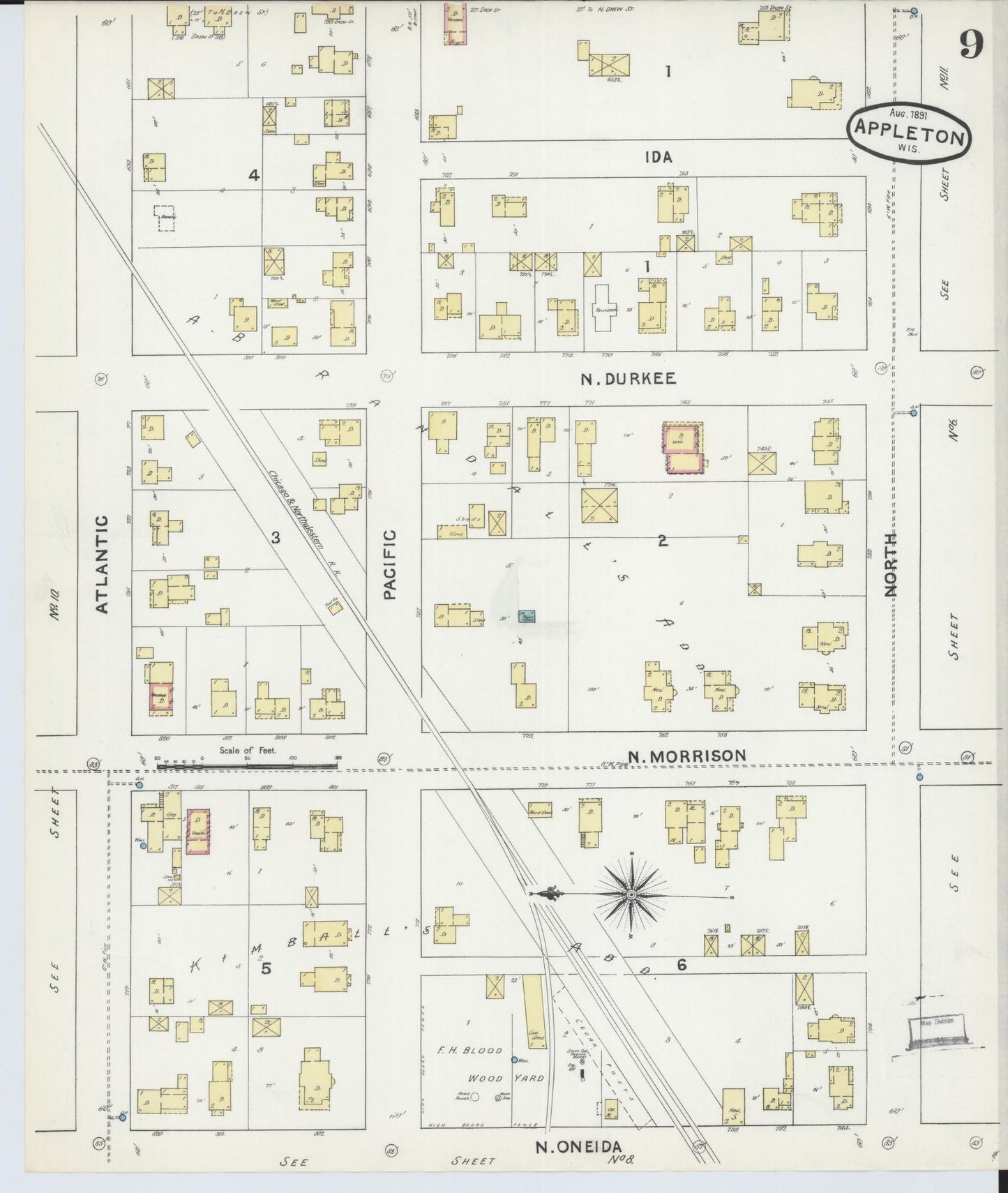 Sanborn Fire Insurance Map from Appleton, Outagamie County, Wisconsin (1891), Sheet #0009 - Historic Sanborn Fire Insurance Map Print, vintage old map wall art, antique decor, genealogy gift, Wisconsin Wisconsin map