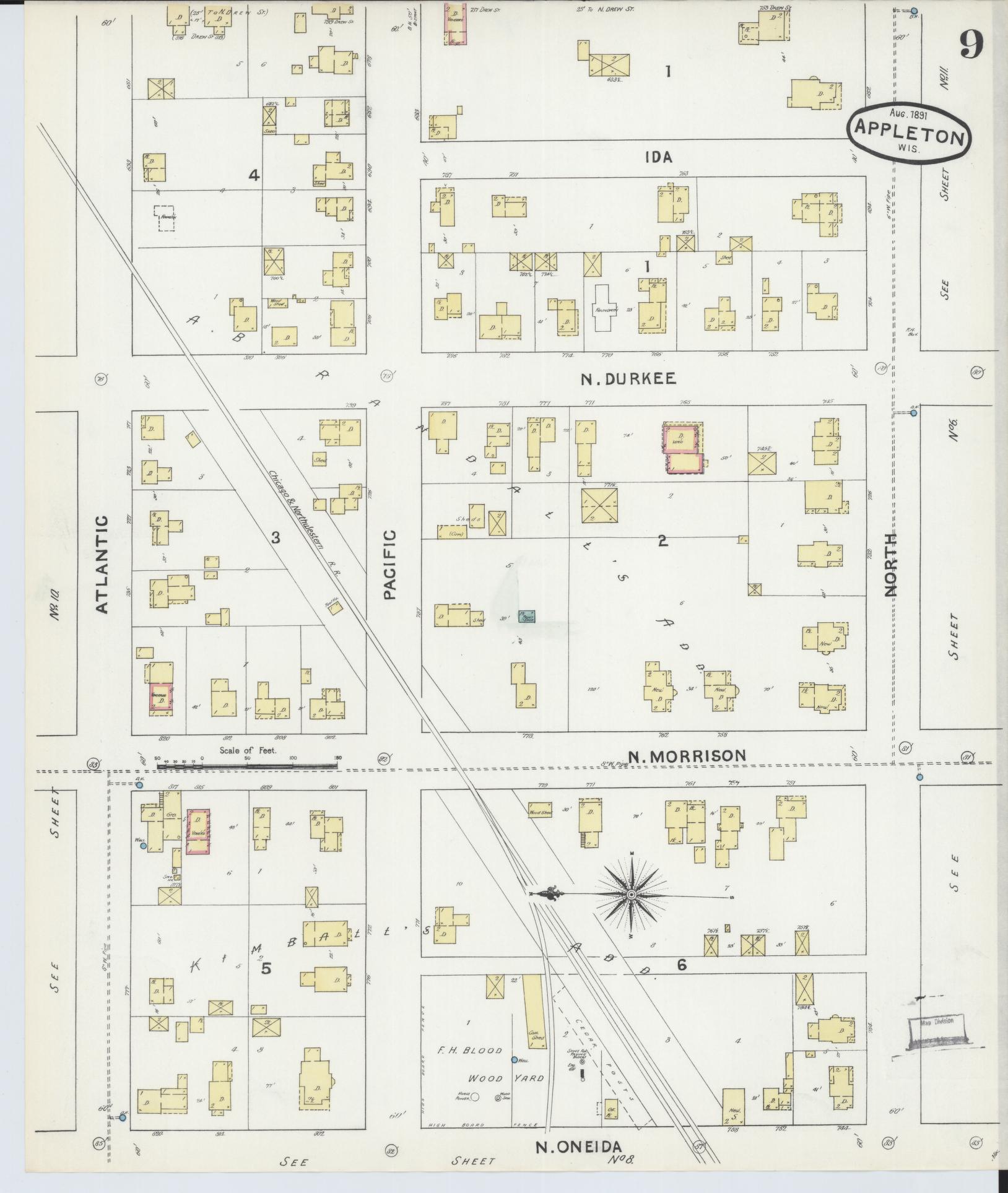 Sanborn Fire Insurance Map from Appleton, Outagamie County, Wisconsin (1891), Sheet #0009 - Historic Sanborn Fire Insurance Map Print, vintage old map wall art, antique decor, genealogy gift, Wisconsin Wisconsin map