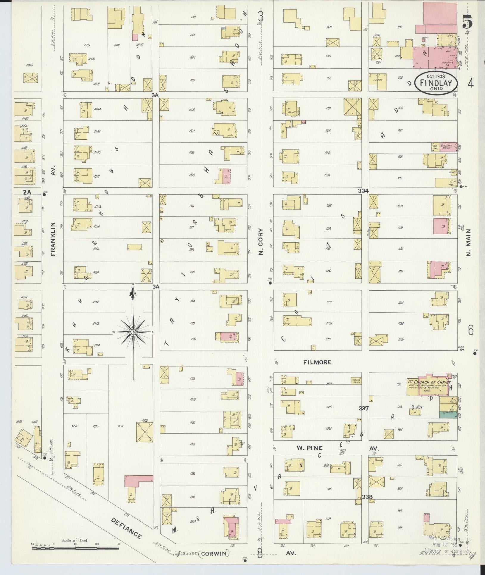 Sanborn Fire Insurance Map from Findlay, Hancock County, Ohio (1908), Sheet #0005 - Historic Sanborn Fire Insurance Map Print, vintage old map wall art, antique decor, genealogy gift, Ohio Ohio map