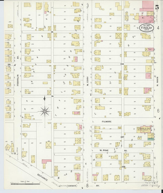 Sanborn Fire Insurance Map from Findlay, Hancock County, Ohio (1908), Sheet #0005 - Historic Sanborn Fire Insurance Map Print, vintage old map wall art, antique decor, genealogy gift, Ohio Ohio map