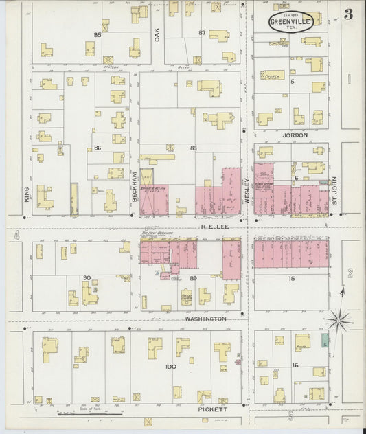 Sanborn Fire Insurance Map from Greenville, Hunt County, Texas (1893), Sheet #0003 - Historic Sanborn Fire Insurance Map Print, vintage old map wall art, antique decor, genealogy gift, Texas Texas map