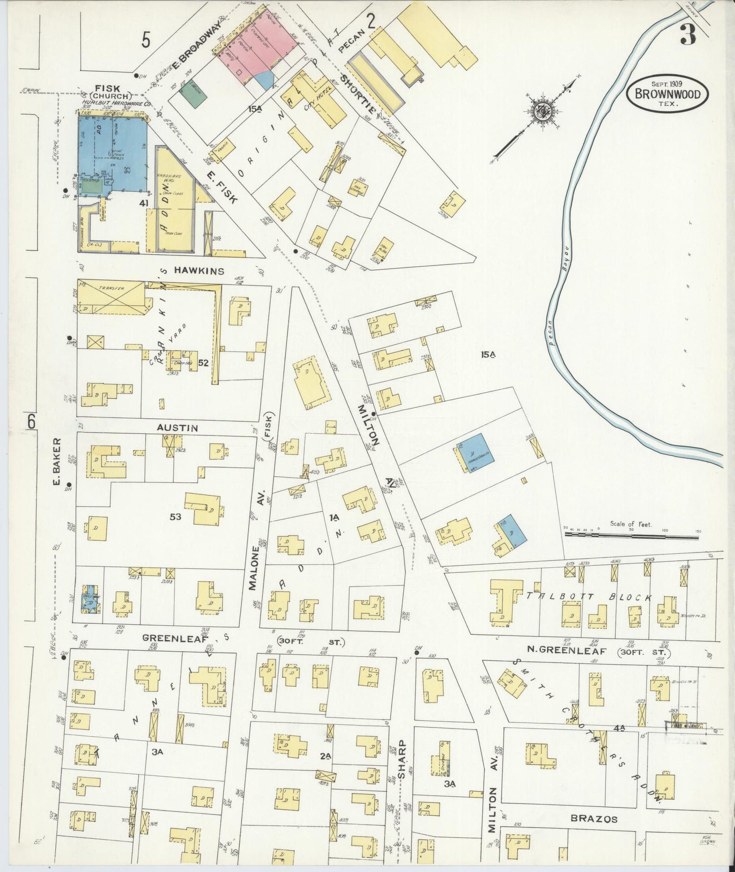 Sanborn Fire Insurance Map from Brownwood, Brown County, Texas (1909), Sheet #0003 - Historic Sanborn Fire Insurance Map Print, vintage old map wall art, antique decor, genealogy gift, Texas Texas map