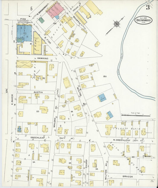 Sanborn Fire Insurance Map from Brownwood, Brown County, Texas (1909), Sheet #0003 - Historic Sanborn Fire Insurance Map Print, vintage old map wall art, antique decor, genealogy gift, Texas Texas map