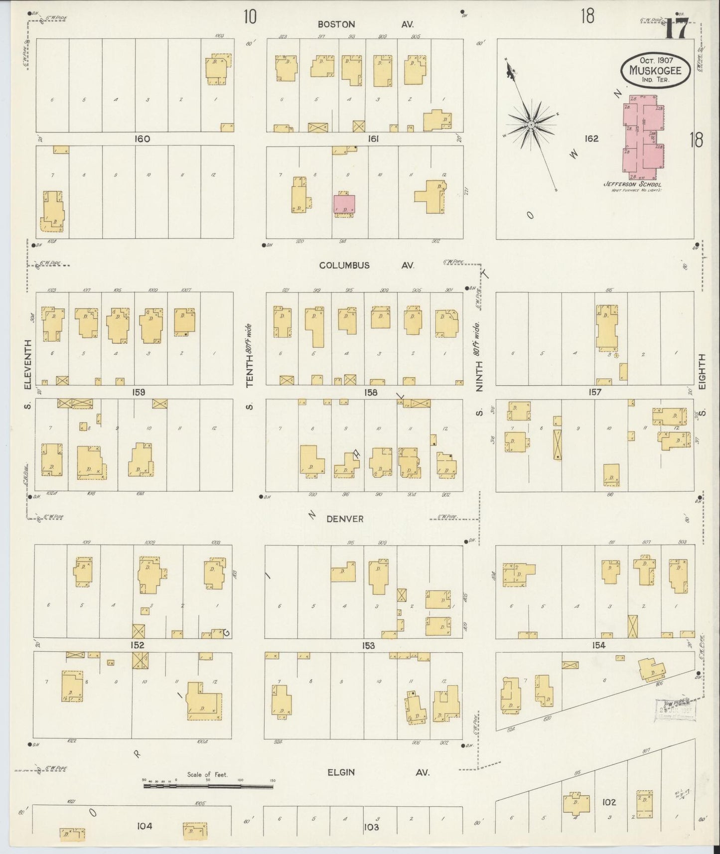 Sanborn Fire Insurance Map from Muskogee, Muskogee County, Oklahoma (1907), Sheet #0017 - Complete Map Set gallery image, historic Sanborn map, vintage wall art, Oklahoma Oklahoma