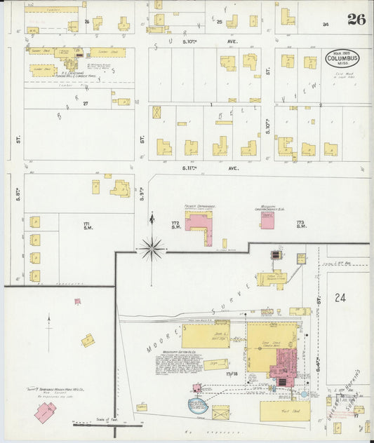 Sanborn Fire Insurance Map from Columbus, Lowndes County, Mississippi (1905), Sheet #0026 - Historic Sanborn Fire Insurance Map Print, vintage old map wall art, antique decor, genealogy gift, Mississippi Mississippi map