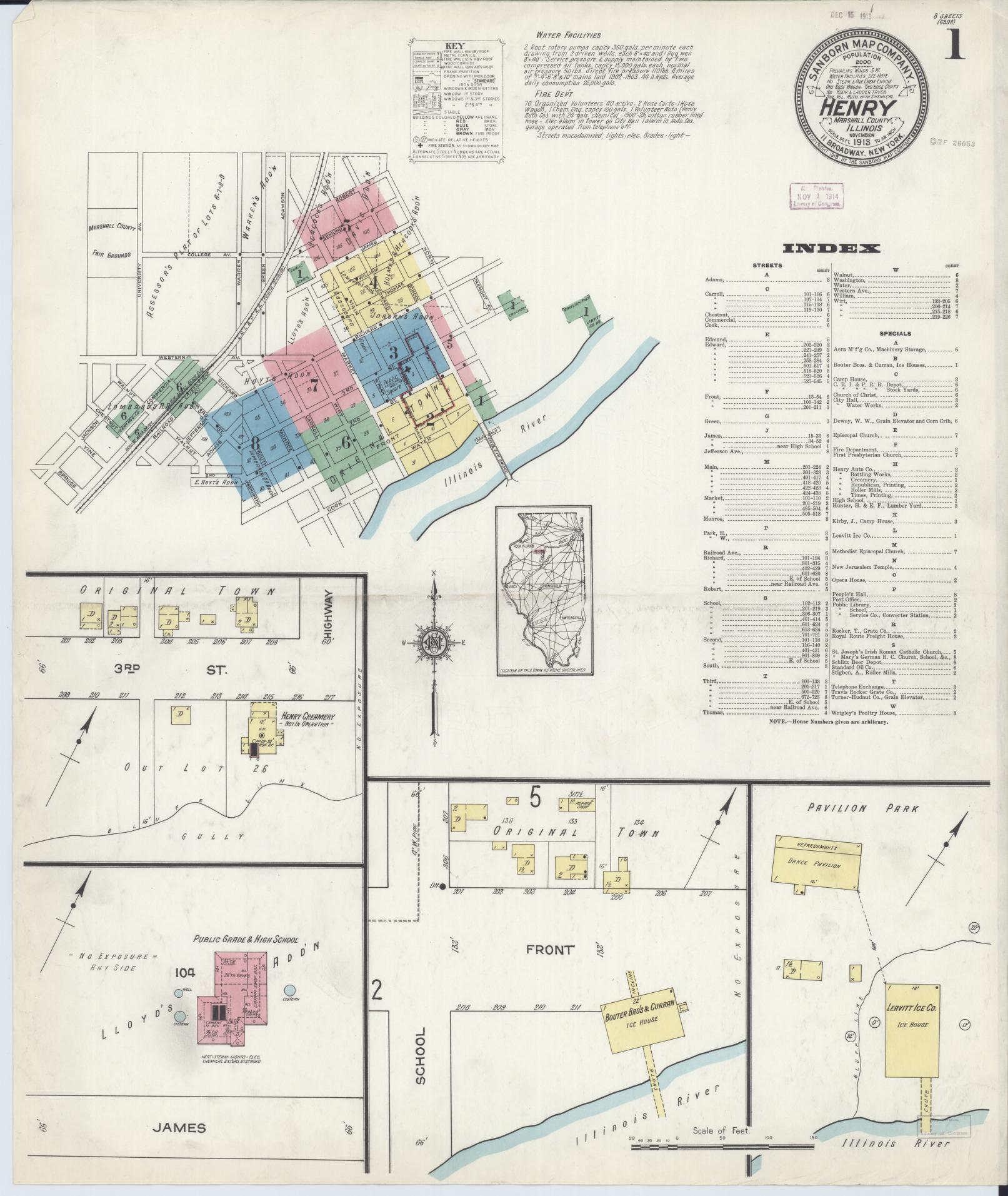 Sanborn Fire Insurance Map from Henry, Marshall County, Illinois (1913), Sheet #0001 - Historic Sanborn Fire Insurance Map Print, vintage old map wall art, antique decor, genealogy gift, Illinois Illinois map