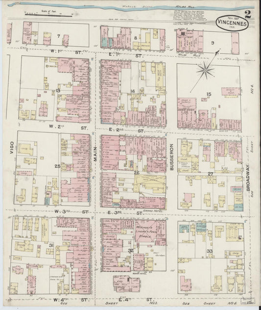 Sanborn Fire Insurance Map from Vincennes, Knox County, Indiana (1887), Sheet #0002 - Historic Sanborn Fire Insurance Map Print, vintage old map wall art, antique decor, genealogy gift, Indiana Indiana map