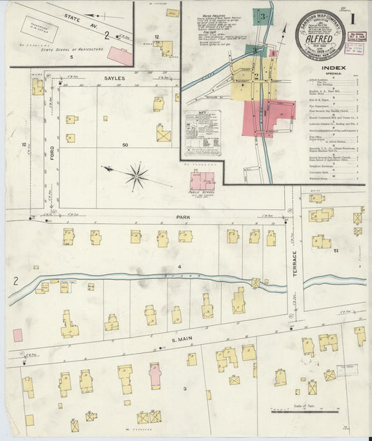 Sanborn Fire Insurance Map from Alfred, Allegany County, New York (1909), Sheet #0001 - Historic Sanborn Fire Insurance Map Print, vintage old map wall art, antique decor, genealogy gift, New York New York map