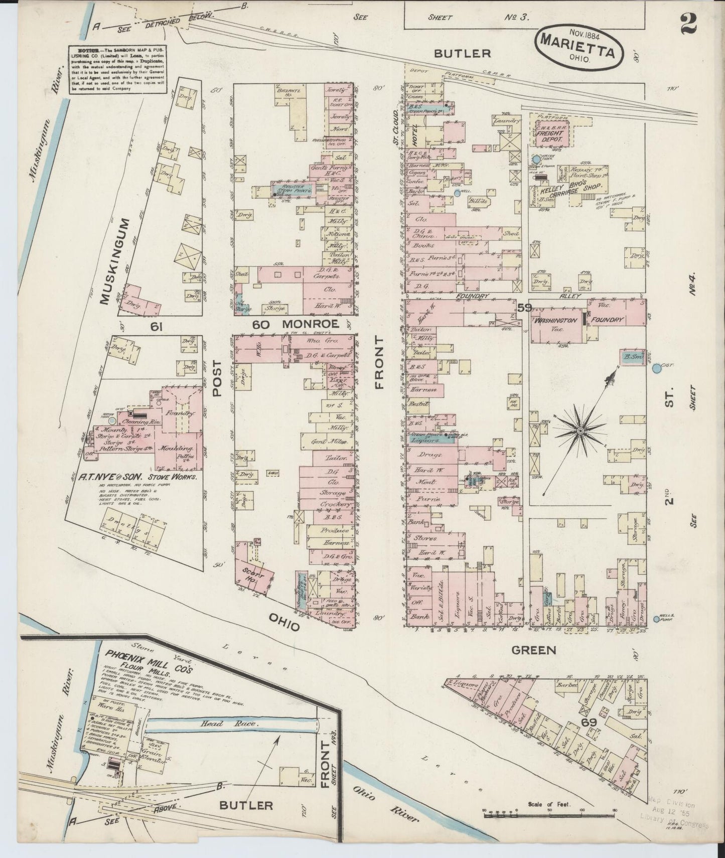 Sanborn Fire Insurance Map from Marietta, Washington County, Ohio (1884), Sheet #0002 - Historic Sanborn Fire Insurance Map Print, vintage old map wall art, antique decor, genealogy gift, Ohio Ohio map