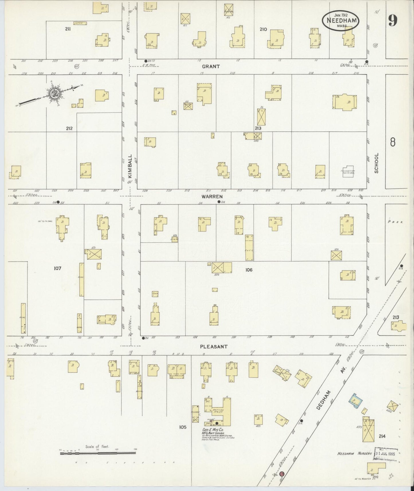 Sanborn Fire Insurance Map from Needham, Norfolk County, Massachusetts (1912), Sheet #0009 - Historic Sanborn Fire Insurance Map Print, vintage old map wall art, antique decor, genealogy gift, Massachusetts Massachusetts map