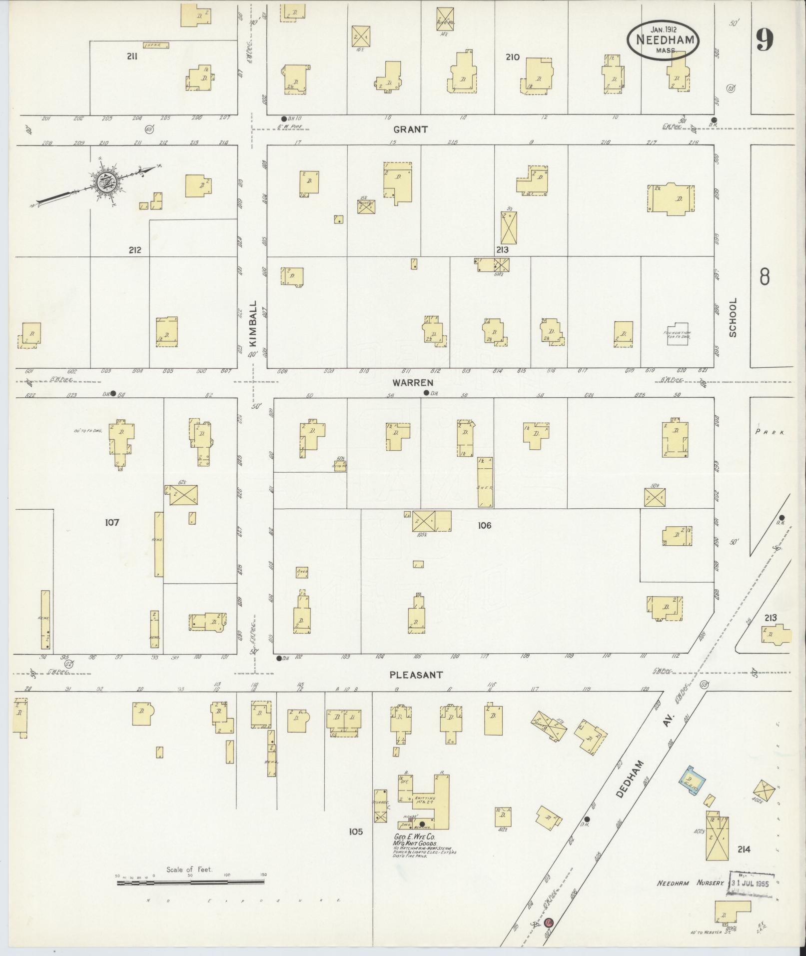 Sanborn Fire Insurance Map from Needham, Norfolk County, Massachusetts (1912), Sheet #0009 - Historic Sanborn Fire Insurance Map Print, vintage old map wall art, antique decor, genealogy gift, Massachusetts Massachusetts map