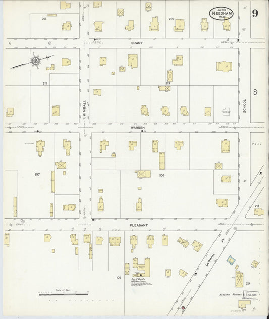 Sanborn Fire Insurance Map from Needham, Norfolk County, Massachusetts (1912), Sheet #0009 - Historic Sanborn Fire Insurance Map Print, vintage old map wall art, antique decor, genealogy gift, Massachusetts Massachusetts map