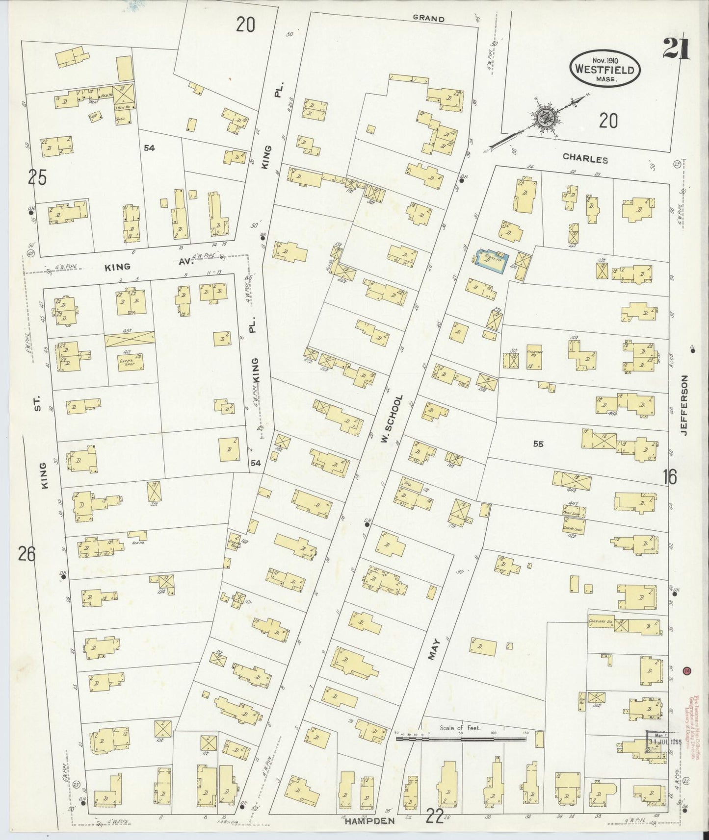 Sanborn Fire Insurance Map from Westfield, Hampden County, Massachusetts (1910), Sheet #0021 - Historic Sanborn Fire Insurance Map Print, vintage old map wall art, antique decor, genealogy gift, Massachusetts Massachusetts map