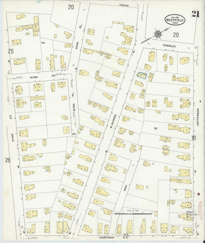 Sanborn Fire Insurance Map from Westfield, Hampden County, Massachusetts (1910), Sheet #0021 - Historic Sanborn Fire Insurance Map Print, vintage old map wall art, antique decor, genealogy gift, Massachusetts Massachusetts map