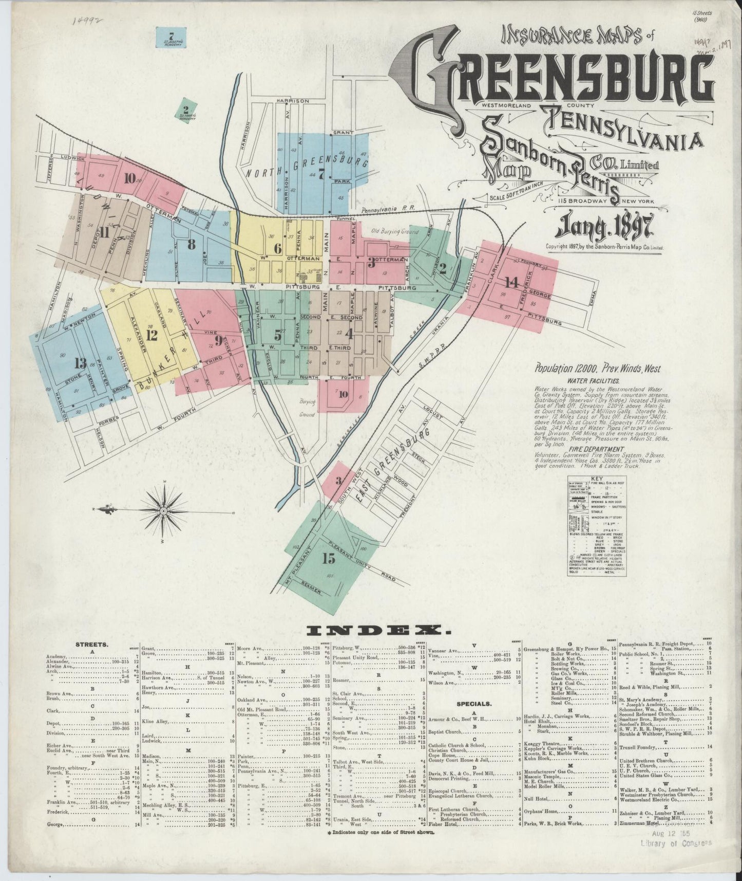 Sanborn Fire Insurance Map from Greensburg, Westmoreland County, Pennsylvania (1897), Sheet #0001 - Historic Sanborn Fire Insurance Map Print, vintage old map wall art, antique decor, genealogy gift, Pennsylvania Pennsylvania map