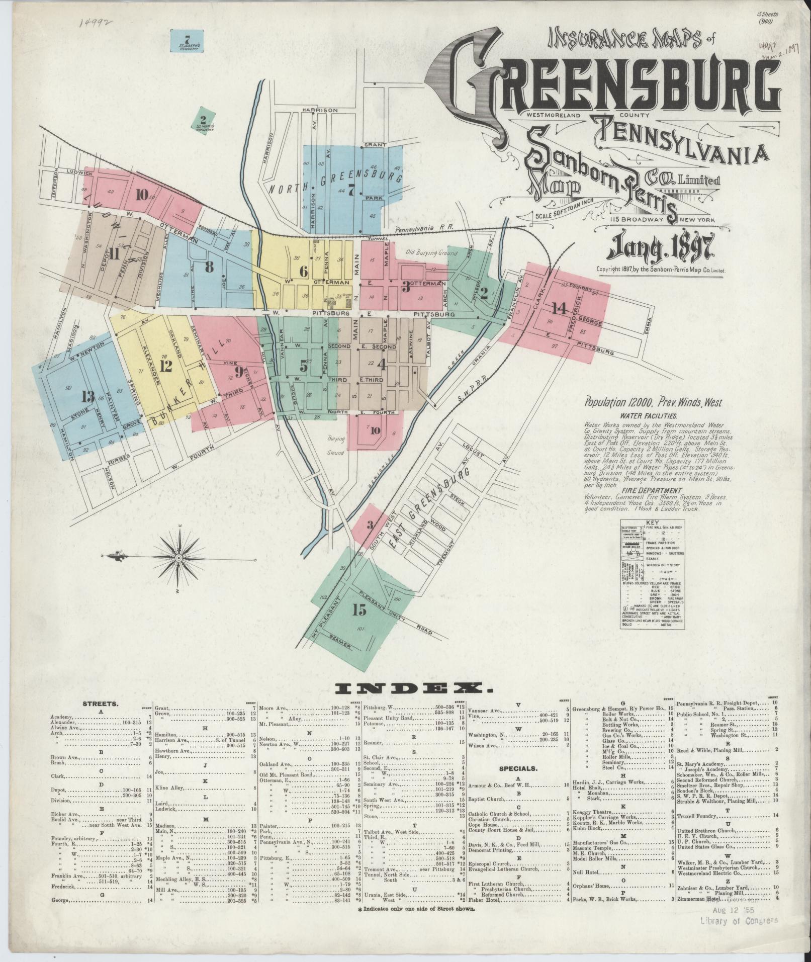 Sanborn Fire Insurance Map from Greensburg, Westmoreland County, Pennsylvania (1897), Sheet #0001 - Historic Sanborn Fire Insurance Map Print, vintage old map wall art, antique decor, genealogy gift, Pennsylvania Pennsylvania map