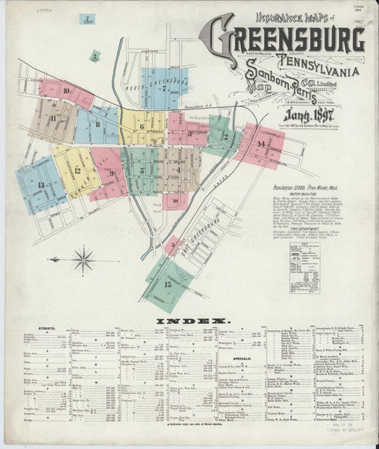 Sanborn Fire Insurance Map from Greensburg, Westmoreland County, Pennsylvania (1897), Sheet #0001 - Historic Sanborn Fire Insurance Map Print, vintage old map wall art, antique decor, genealogy gift, Pennsylvania Pennsylvania map