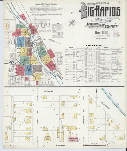 Sanborn Fire Insurance Map from Big Rapids, Mecosta County, Michigan (1908), Sheet #0001 - Complete Map Set gallery image, historic Sanborn map, vintage wall art, Michigan Michigan