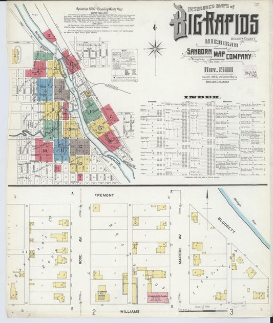 Sanborn Fire Insurance Map from Big Rapids, Mecosta County, Michigan (1908), Sheet #0001 - Complete Map Set gallery image, historic Sanborn map, vintage wall art, Michigan Michigan