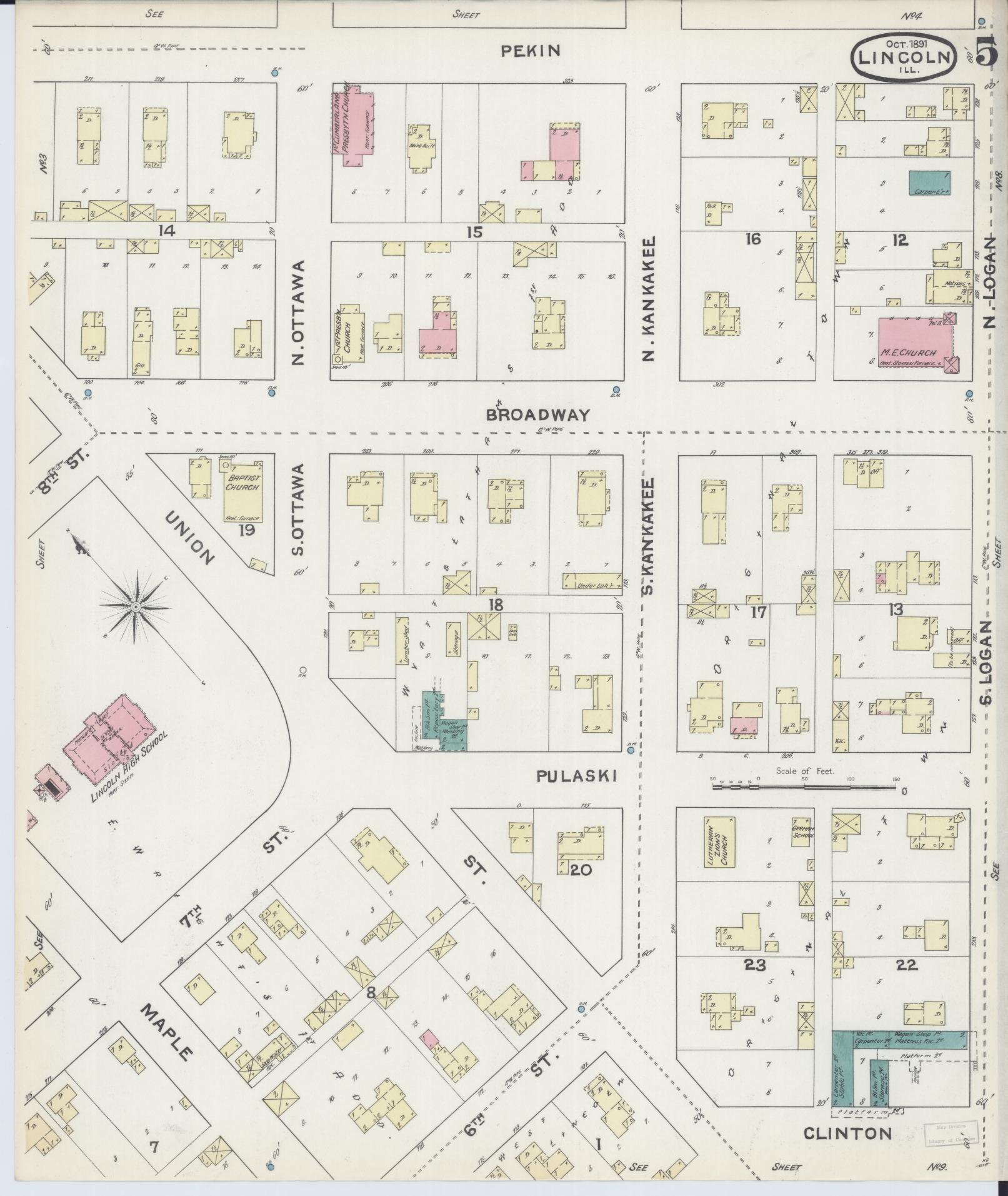 Sanborn Fire Insurance Map from Lincoln, Logan County, Illinois (1891), Sheet #0005 - Complete Map Set gallery image, historic Sanborn map, vintage wall art, Illinois Illinois