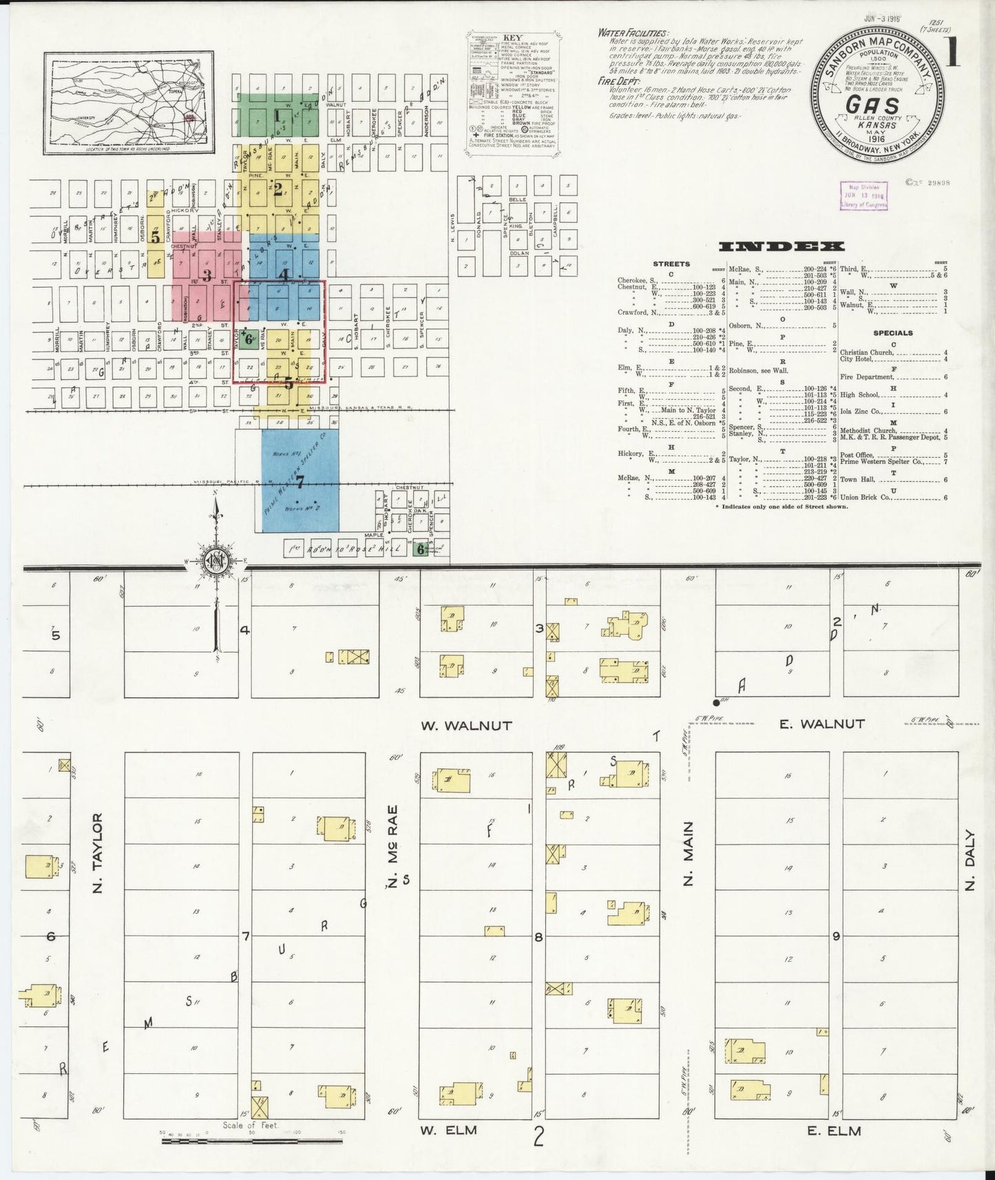 Sanborn Fire Insurance Map from Gas, Allen County, Kansas (1916), Sheet #0001 - Historic Sanborn Fire Insurance Map Print, vintage old map wall art, antique decor, genealogy gift, Kansas Kansas map