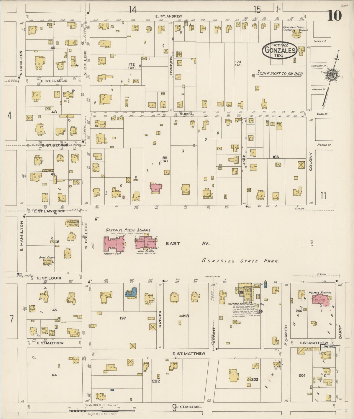 Sanborn Fire Insurance Map from Gonzales, Gonzales County, Texas (1922), Sheet #0010 - Complete Map Set gallery image, historic Sanborn map, vintage wall art, Texas Texas