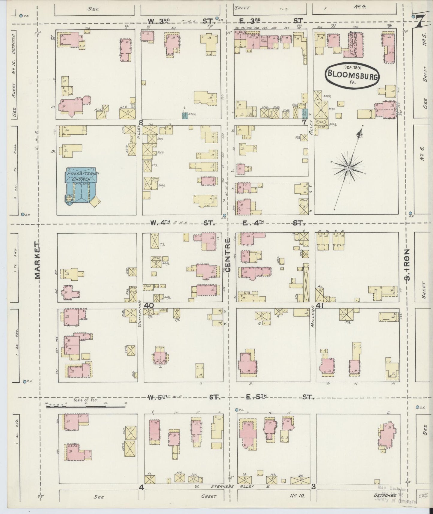 Sanborn Fire Insurance Map from Bloomsburg, Columbia County, Pennsylvania (1891), Sheet #0007 - Historic Sanborn Fire Insurance Map Print, vintage old map wall art, antique decor, genealogy gift, Pennsylvania Pennsylvania map