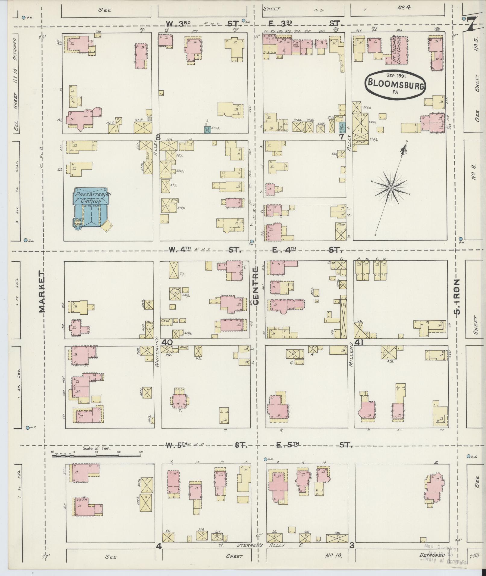 Sanborn Fire Insurance Map from Bloomsburg, Columbia County, Pennsylvania (1891), Sheet #0007 - Historic Sanborn Fire Insurance Map Print, vintage old map wall art, antique decor, genealogy gift, Pennsylvania Pennsylvania map
