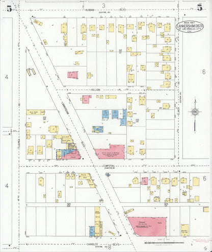 Sanborn Fire Insurance Map from Lankershim, Los Angeles County, California (1927), Sheet #0005 - Complete Map Set gallery image, historic Sanborn map, vintage wall art, California California