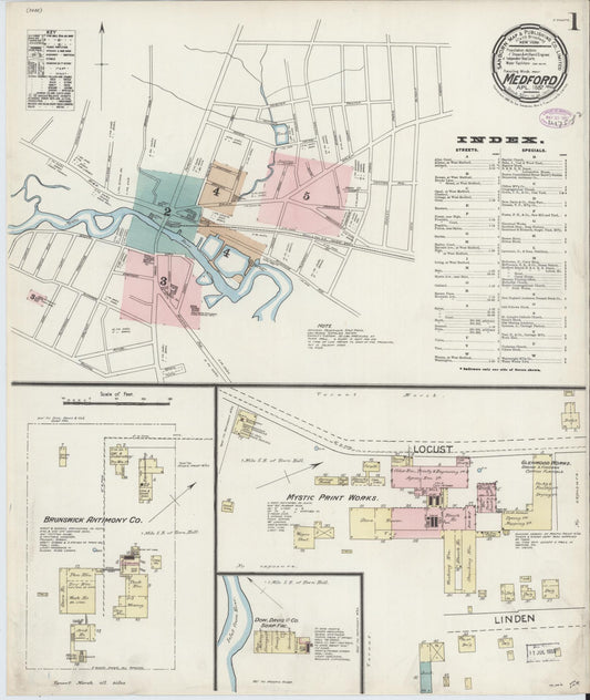 Sanborn Fire Insurance Map from Medford, Middlesex County, Massachusetts (1887), Sheet #0001 - Historic Sanborn Fire Insurance Map Print, vintage old map wall art, antique decor, genealogy gift, Massachusetts Massachusetts map