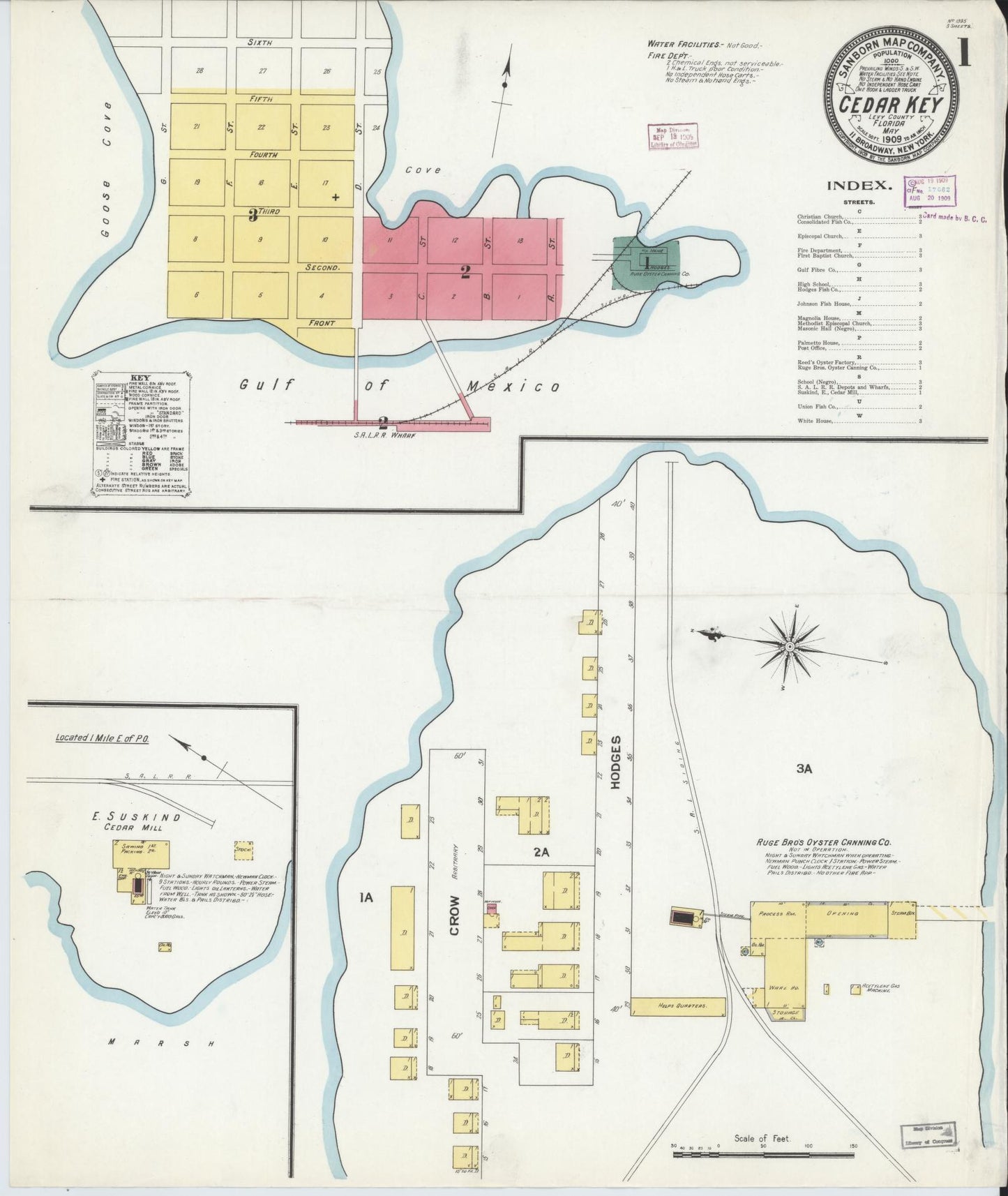 Sanborn Fire Insurance Map from Cedar Key, Levy County, Florida (1909), Sheet #0001 - Historic Sanborn Fire Insurance Map Print, vintage old map wall art, antique decor, genealogy gift, Florida Florida map
