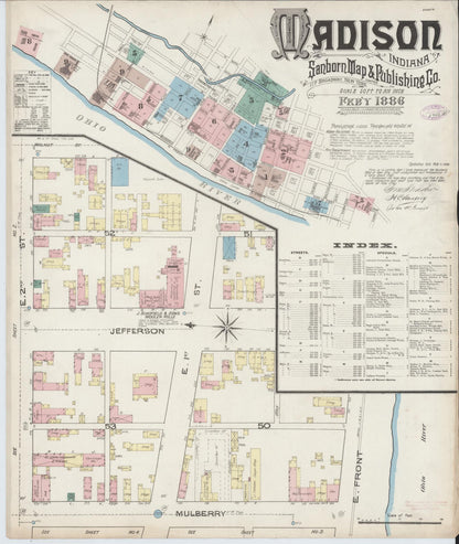 Sanborn Fire Insurance Map from Madison, Jefferson County, Indiana (1886), Sheet #0001 - Historic Sanborn Fire Insurance Map Print, vintage old map wall art, antique decor, genealogy gift, Indiana Indiana map