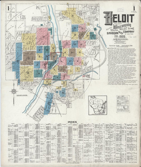 Sanborn Fire Insurance Map from Beloit, Rock County, Wisconsin (1926), Sheet #0001 - Historic Sanborn Fire Insurance Map Print, vintage old map wall art, antique decor, genealogy gift, Wisconsin Wisconsin map