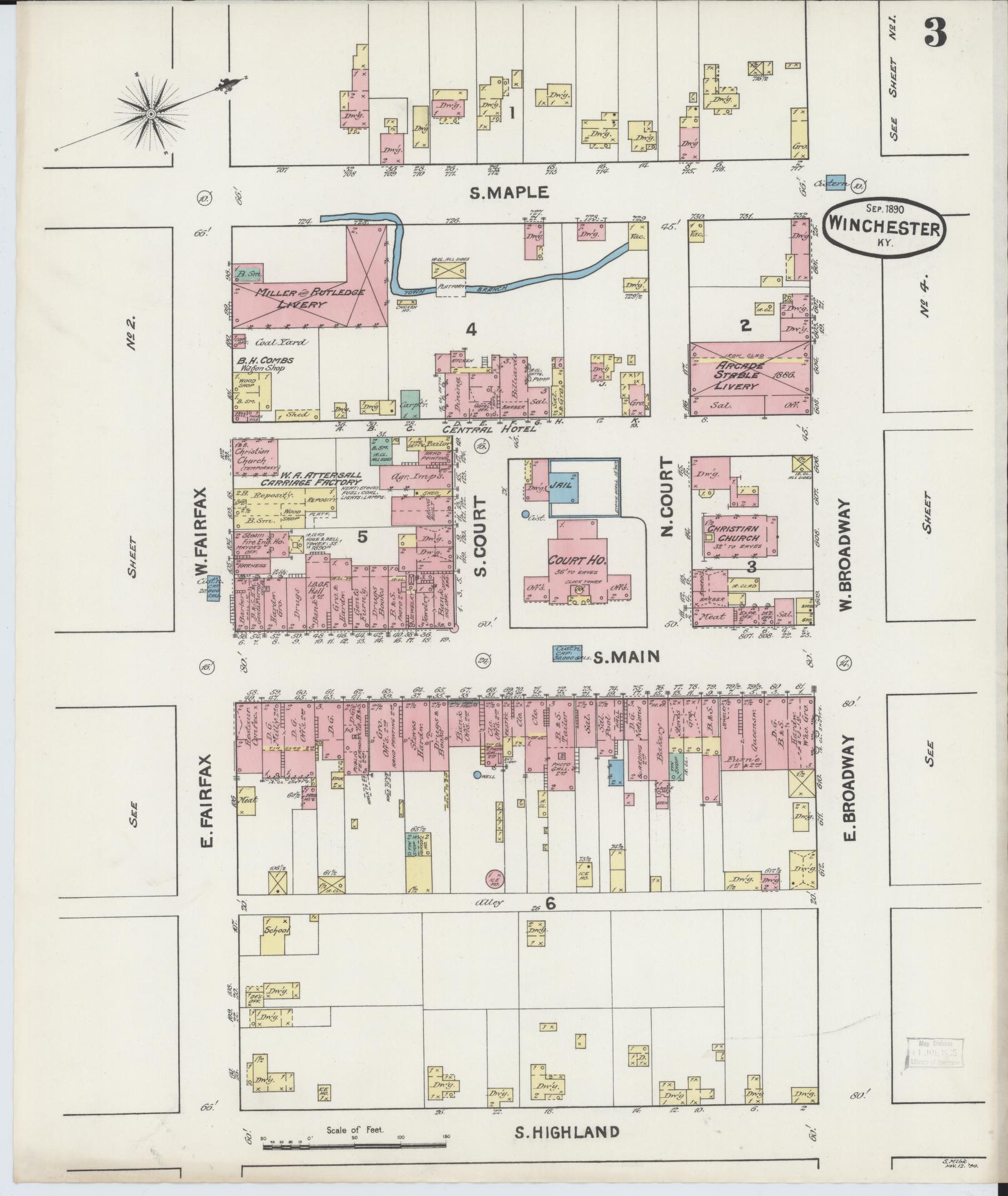 Sanborn Fire Insurance Map from Winchester, Clark County, Kentucky (1890), Sheet #0003 - Complete Map Set gallery image, historic Sanborn map, vintage wall art, Kentucky Kentucky