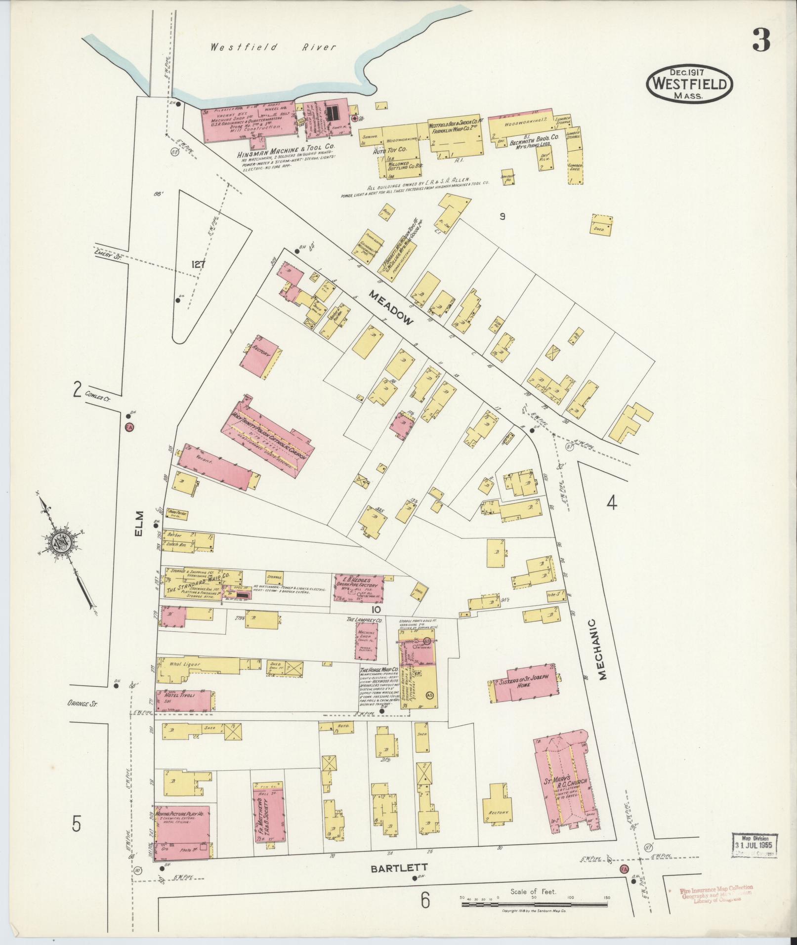 Sanborn Fire Insurance Map from Westfield, Hampden County, Massachusetts (1917), Sheet #0003 - Historic Sanborn Fire Insurance Map Print, vintage old map wall art, antique decor, genealogy gift, Massachusetts Massachusetts map