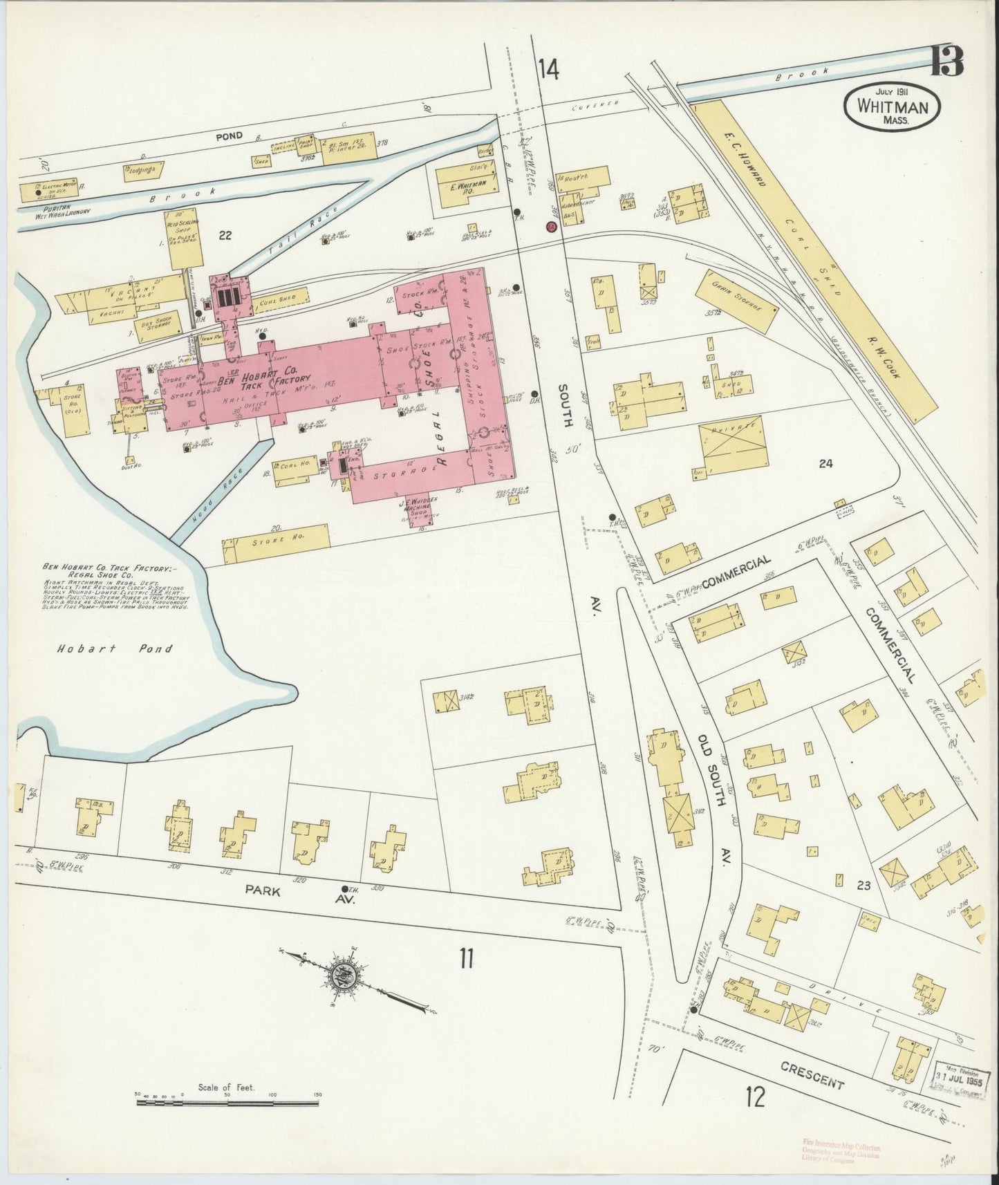 Sanborn Fire Insurance Map from Whitman, Plymouth County, Massachusetts (1911), Sheet #0013 - Complete Map Set gallery image, historic Sanborn map, vintage wall art, Massachusetts Massachusetts