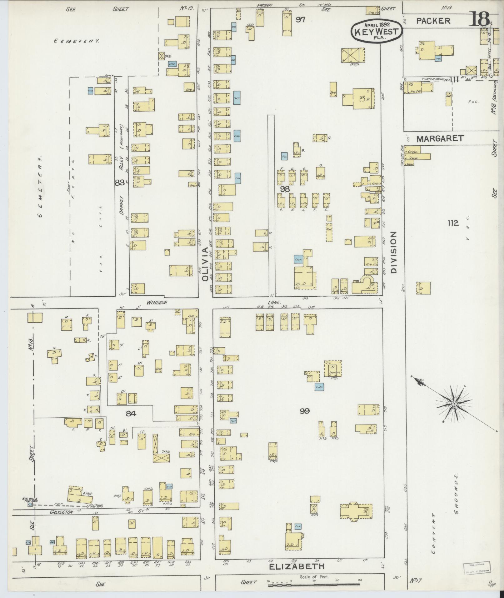 Sanborn Fire Insurance Map from Key West, Monroe County, Florida (1892), Sheet #0018 - Historic Sanborn Fire Insurance Map Print, vintage old map wall art, antique decor, genealogy gift, Florida Florida map